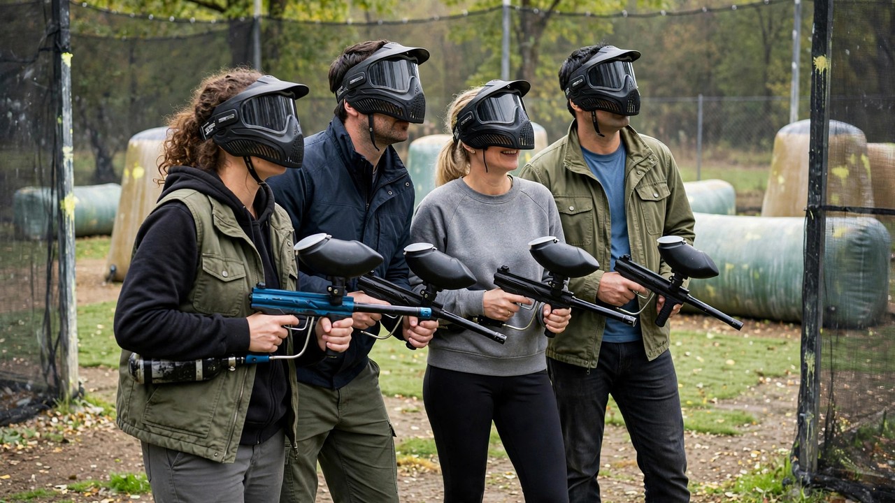 First-time adult players trying low-impact paintball on a compact field