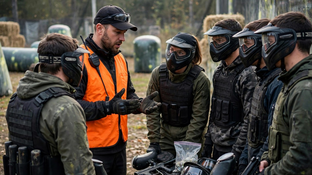 Paintball referee briefing masked players with full safety emphasis before a game