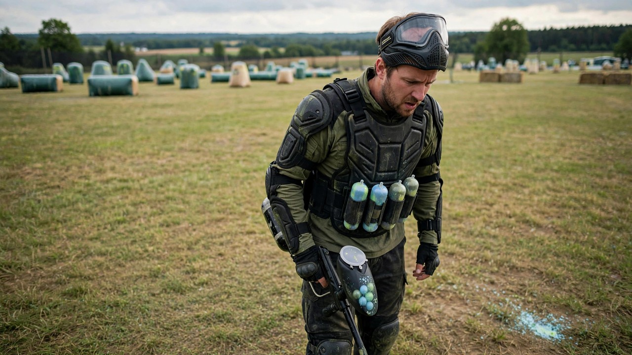 Paintball player on a big field noticing the shorter effective range of low-impact paint