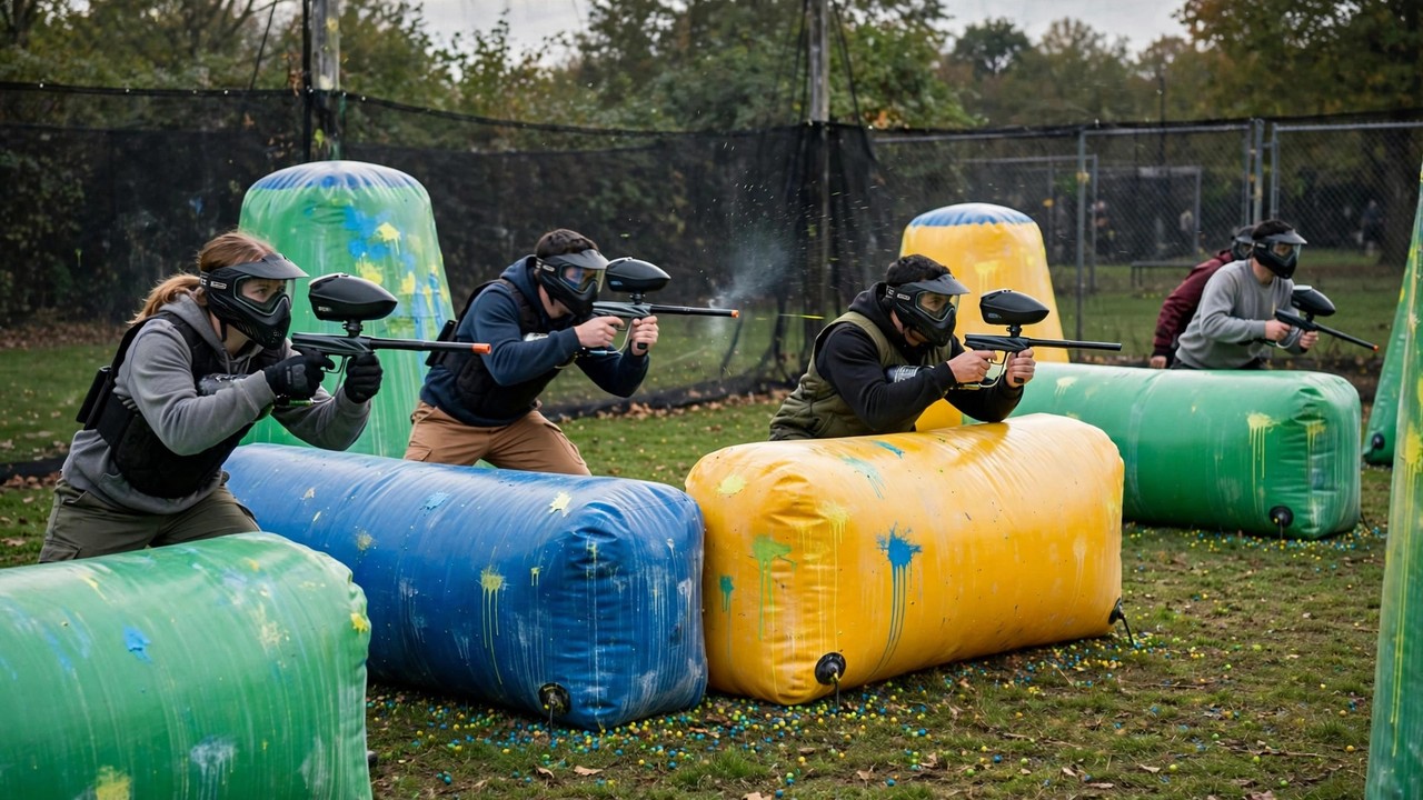 Low-impact paintball game in progress on a compact field