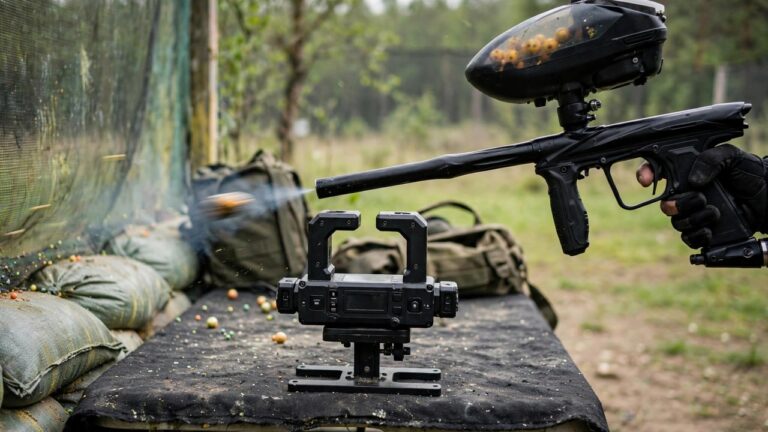 Paintball marker shooting over a chronograph at a field chrono station