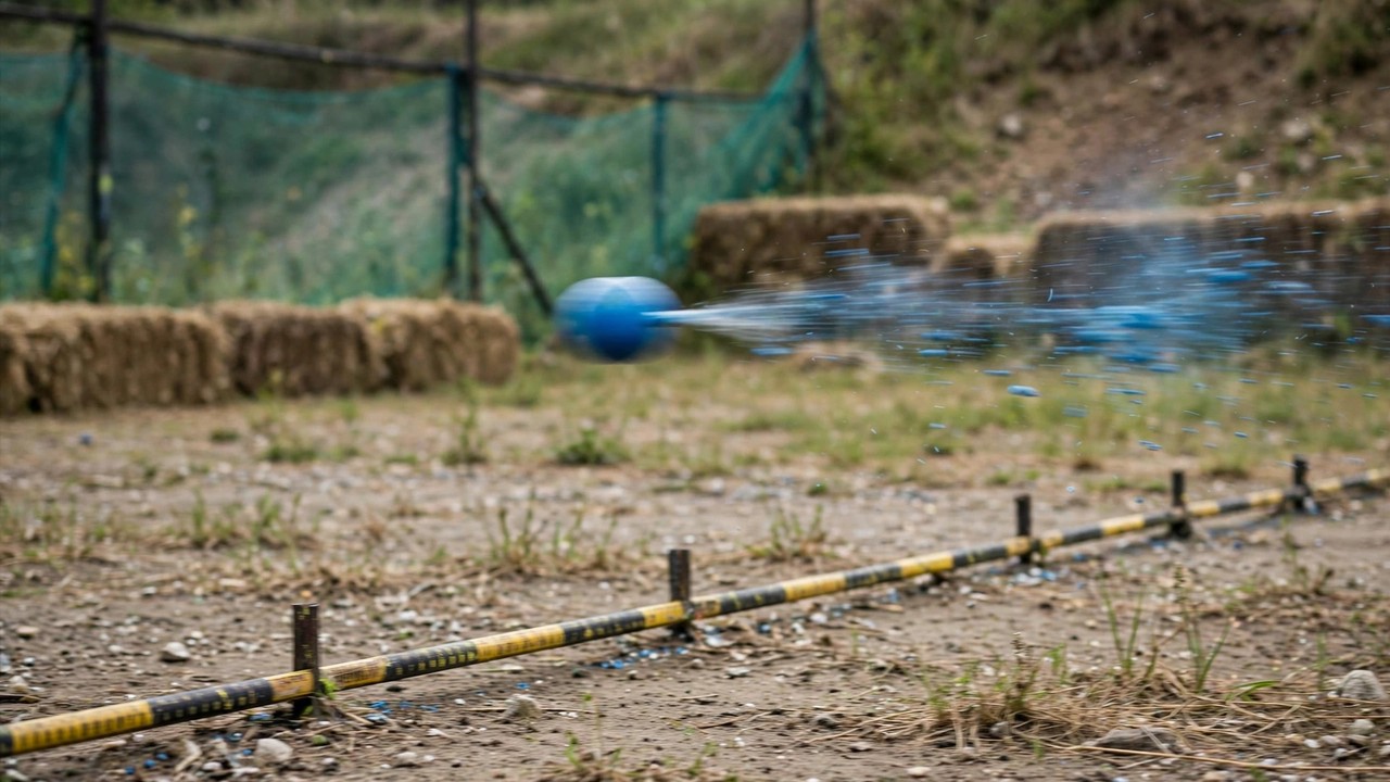 Paintball in flight captured with motion blur over a measured shooting range