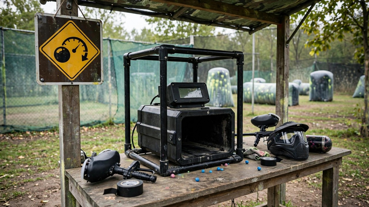 Chronograph station at a paintball field with a velocity limit sign