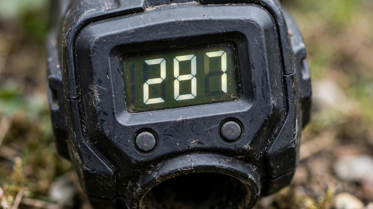 Close-up of a paintball chronograph display showing a velocity reading