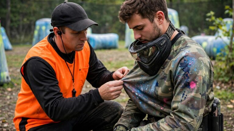 Paintball referee inspecting a player's jersey for paint hits during a match