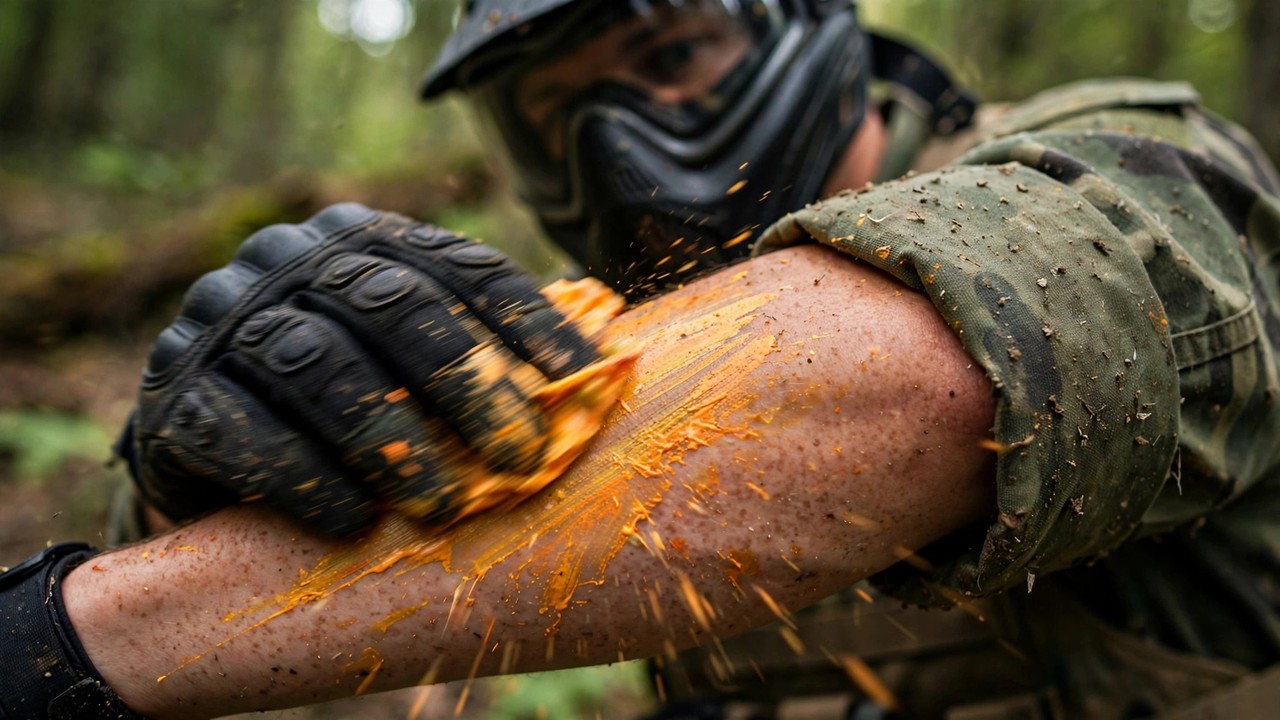 Close-up of a paintball player smearing a paint hit on their forearm, the wiping motion