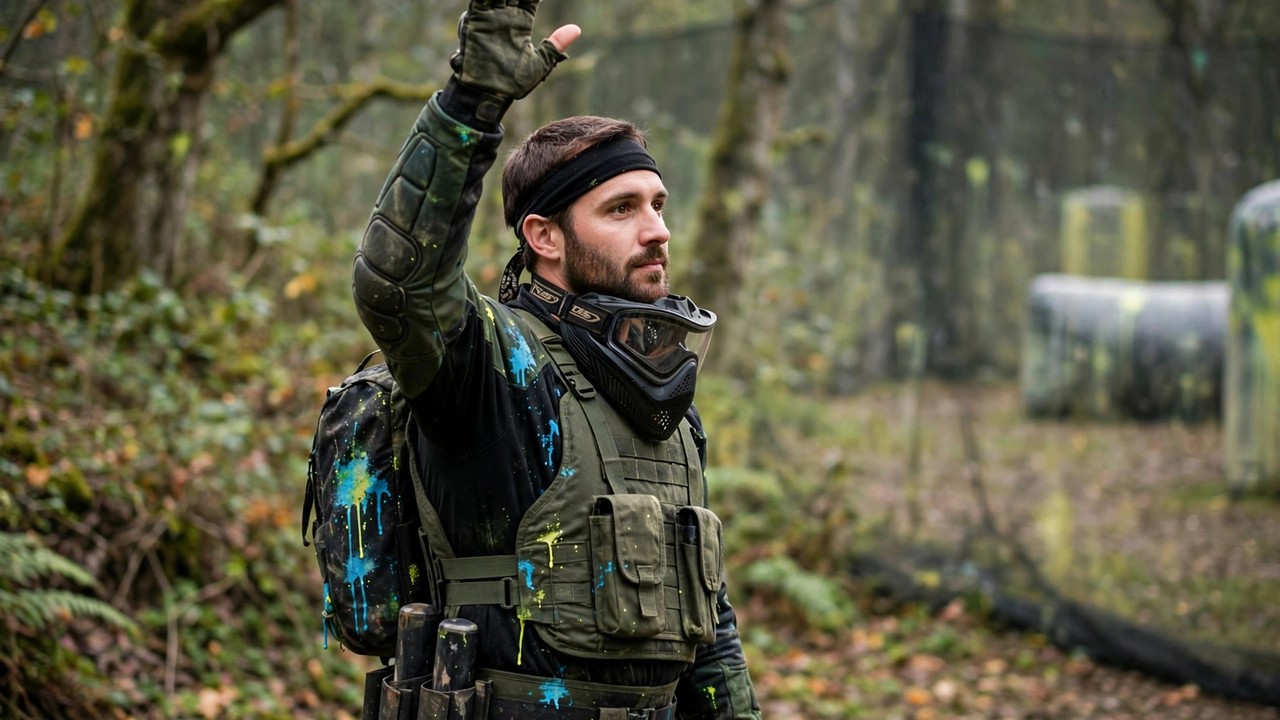 Honest paintball player with a paint splatter on their pack raising a hand to call themselves out