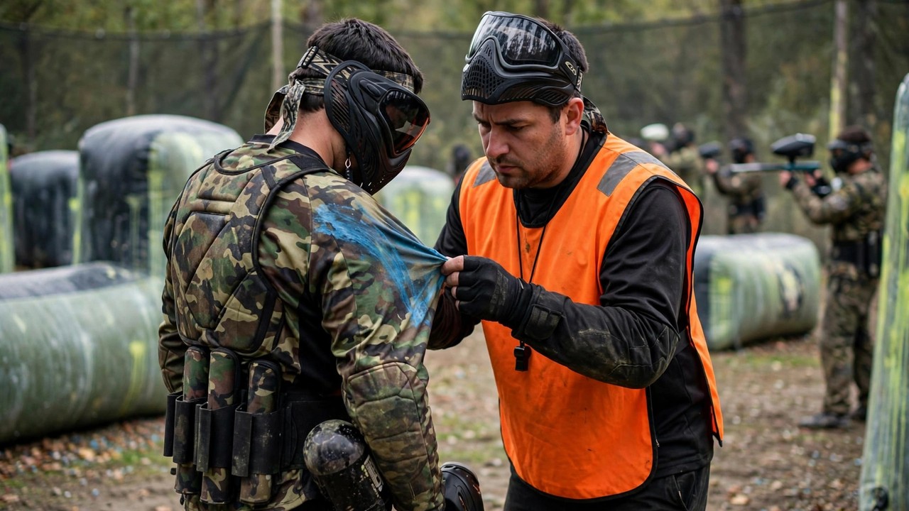 Paintball referee closely inspecting players' jerseys for wiped hits mid-game