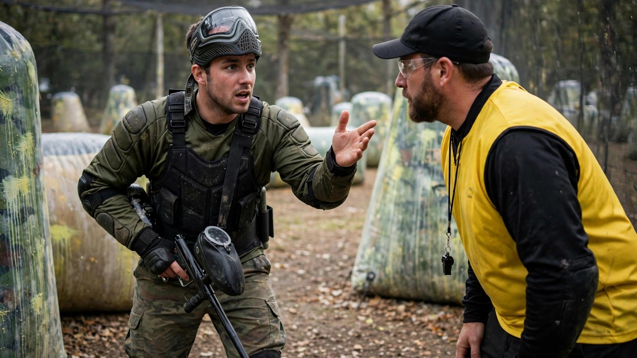 Paintball player alerting a referee about a suspected wiper on the other team