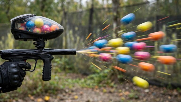 Electronic paintball marker firing a rapid stream of colorful paintballs with motion blur
