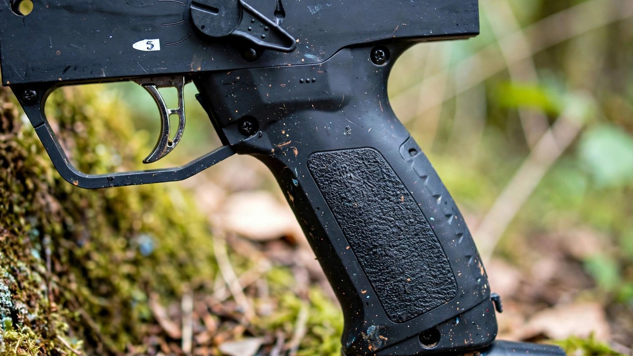 Close-up of a paintball marker grip frame showing the firing-mode selector switch