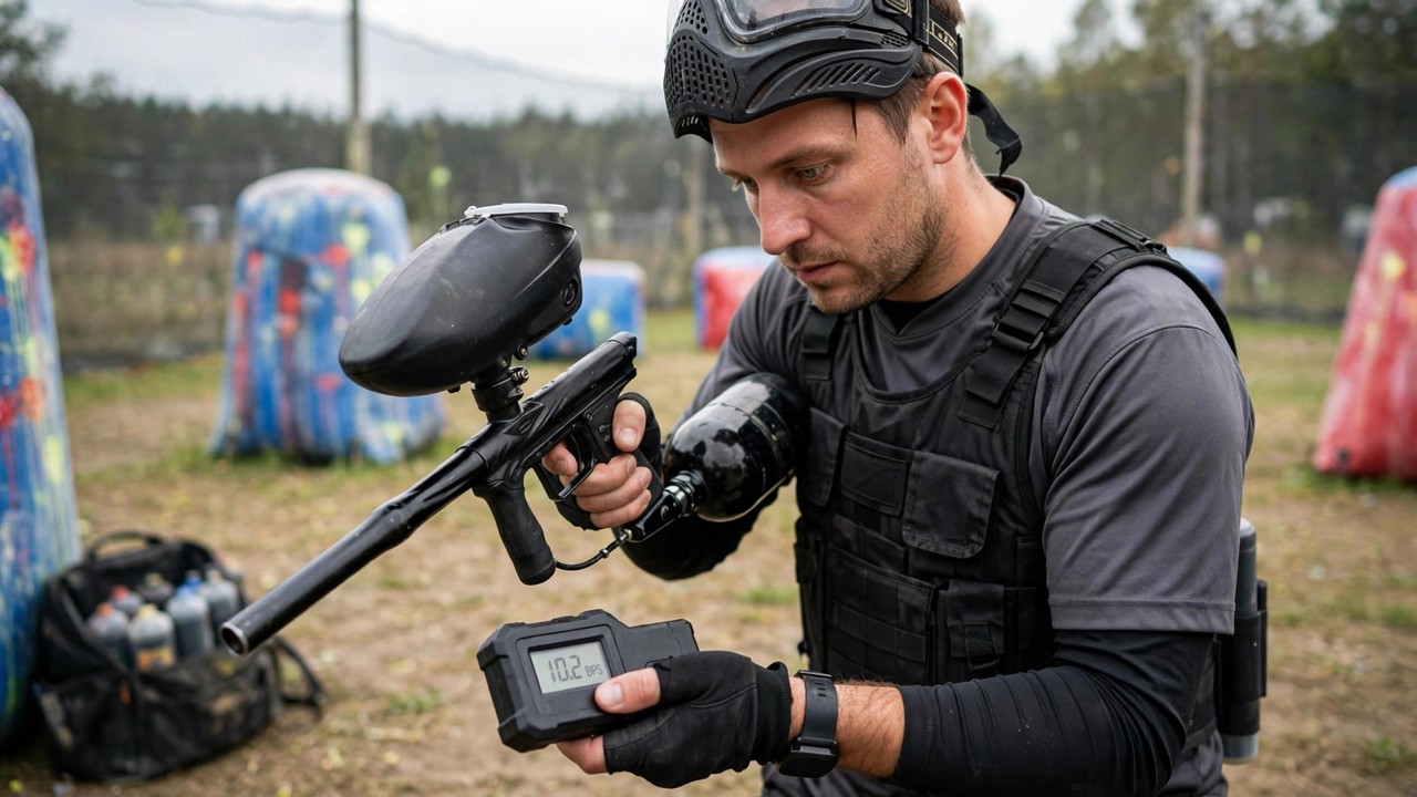 Referee testing a paintball marker's rate of fire with a handheld BPS tester