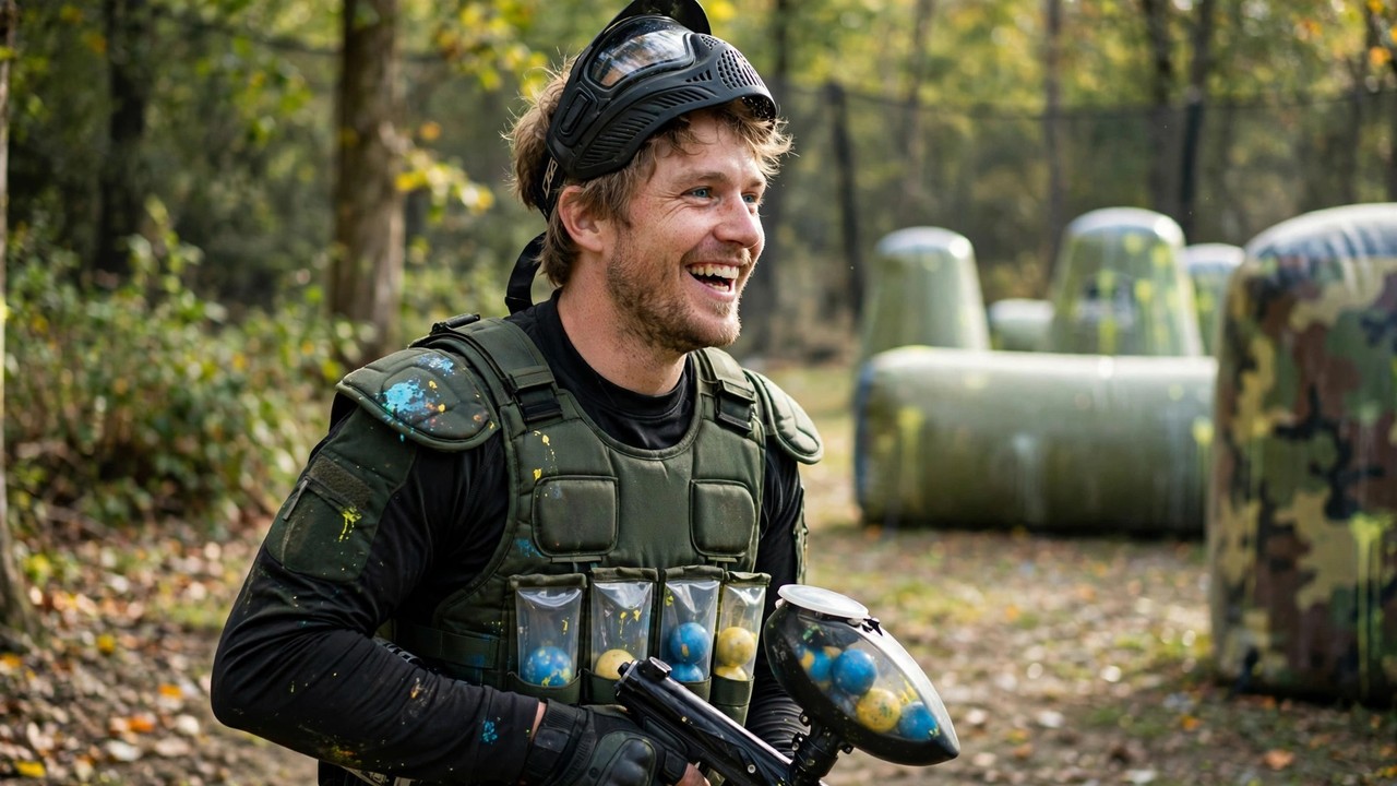 Relaxed recreational paintball player smiling mid-game on the field