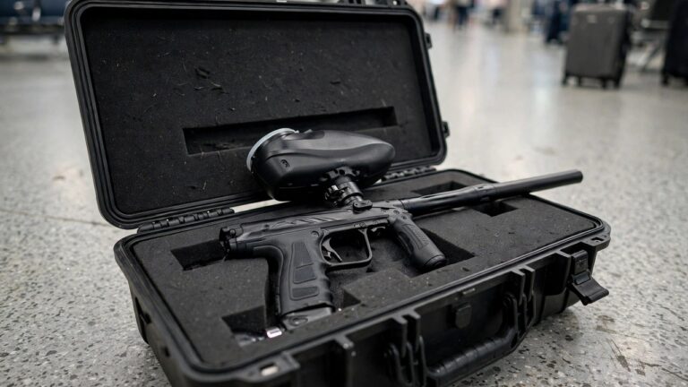 Paintball marker secured inside a hard travel case, airport setting