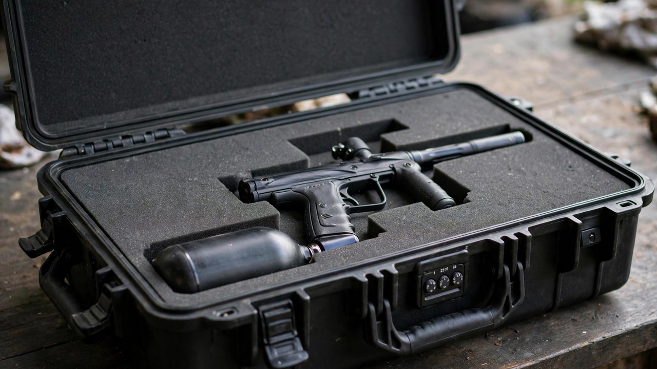 Paintball marker secured in a locked hard case with a TSA-approved lock