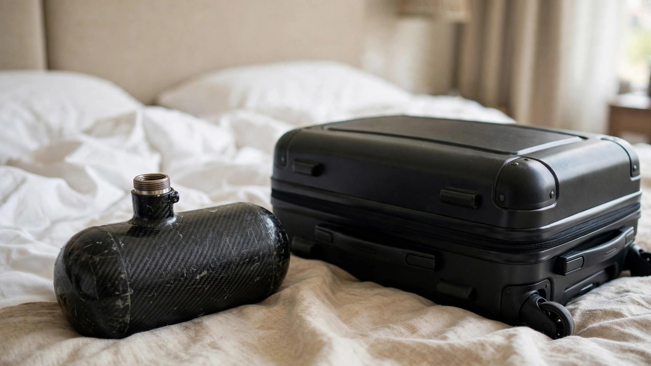 Empty paintball tank with the regulator removed beside travel luggage