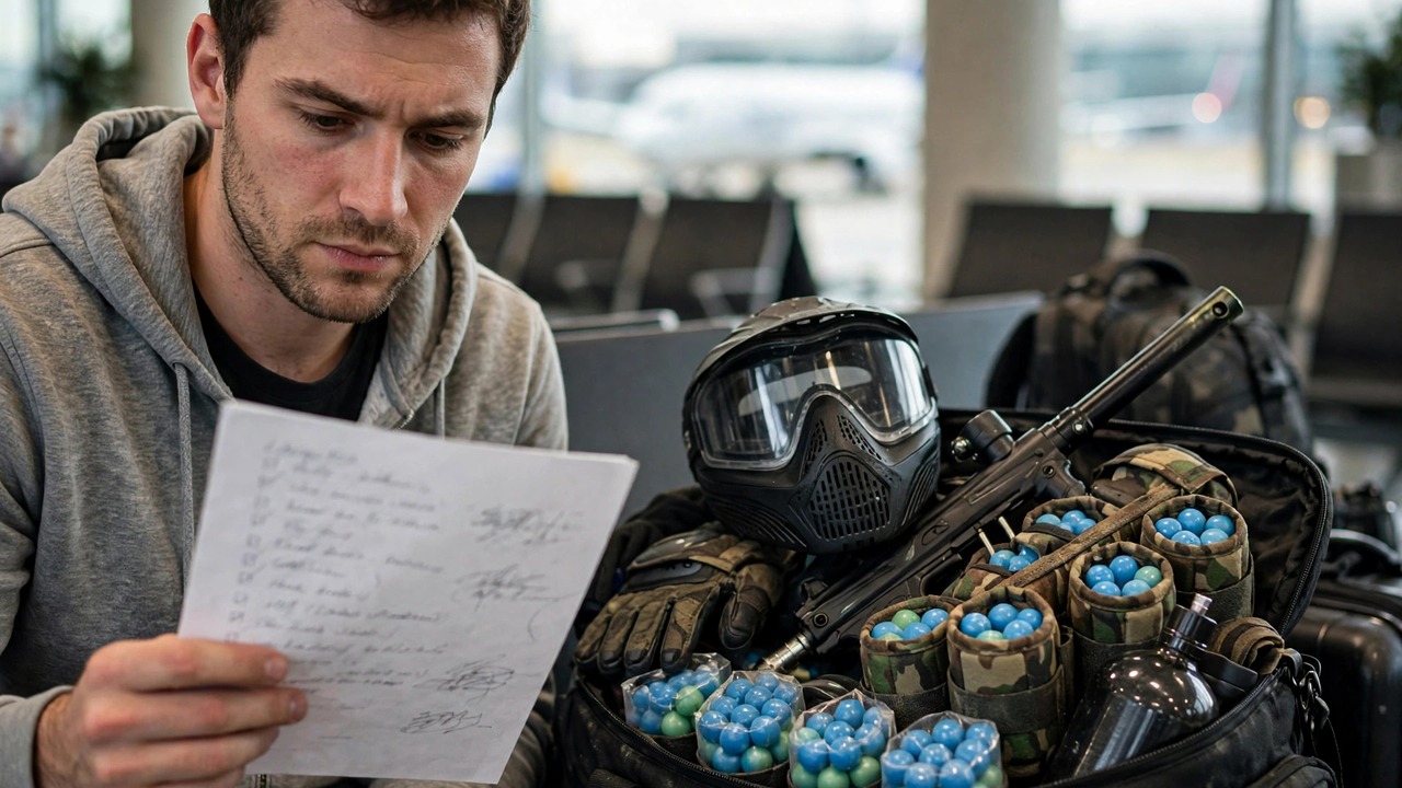 Traveler reviewing a paintball packing checklist before a flight