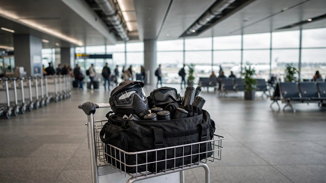 International airport departures area with a paintball gear bag on a cart