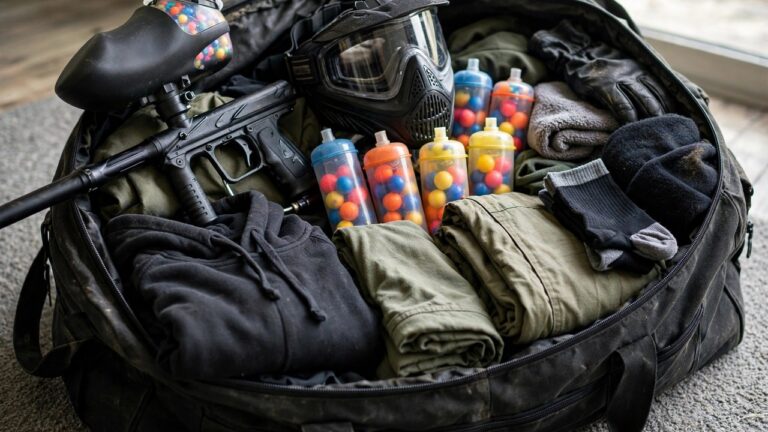 Open gear bag packed with paintball marker, mask, pods and clothes for a trip