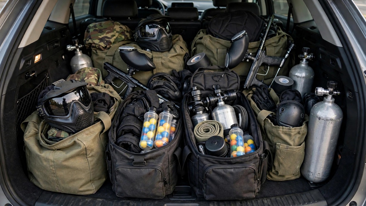 Car trunk loaded with paintball gear bags for a road trip