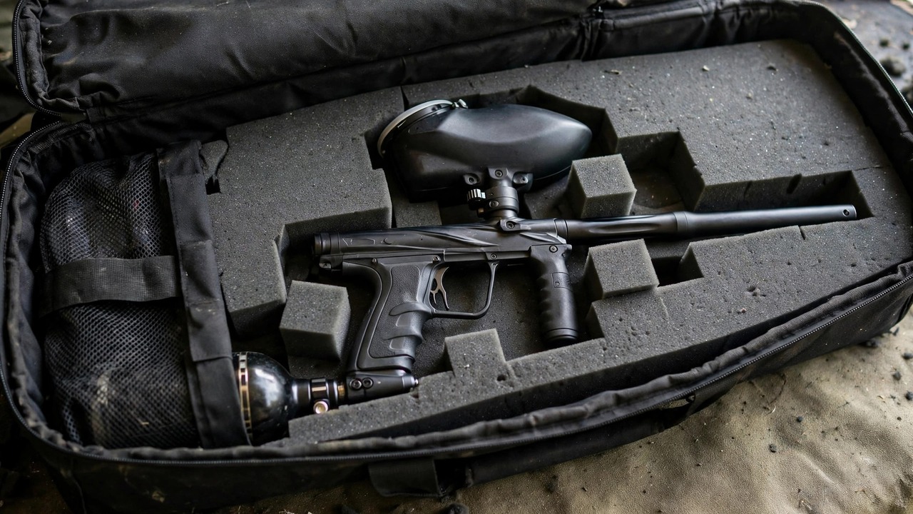 Paintball marker nested in foam padding inside an open gear bag