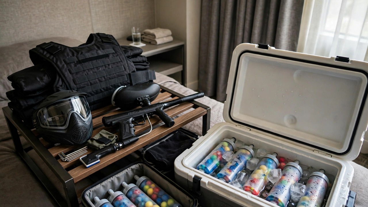 Paintball gear stored neatly in a hotel room, paint kept cool and shaded