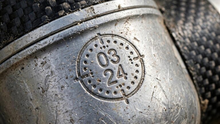 Close-up of a hydro-test date stamp stamped on a paintball air tank