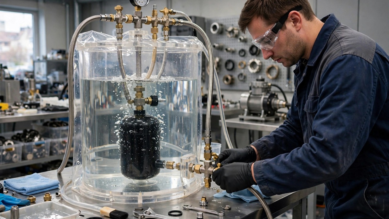 Technician pressure-testing a paintball tank inside a water jacket