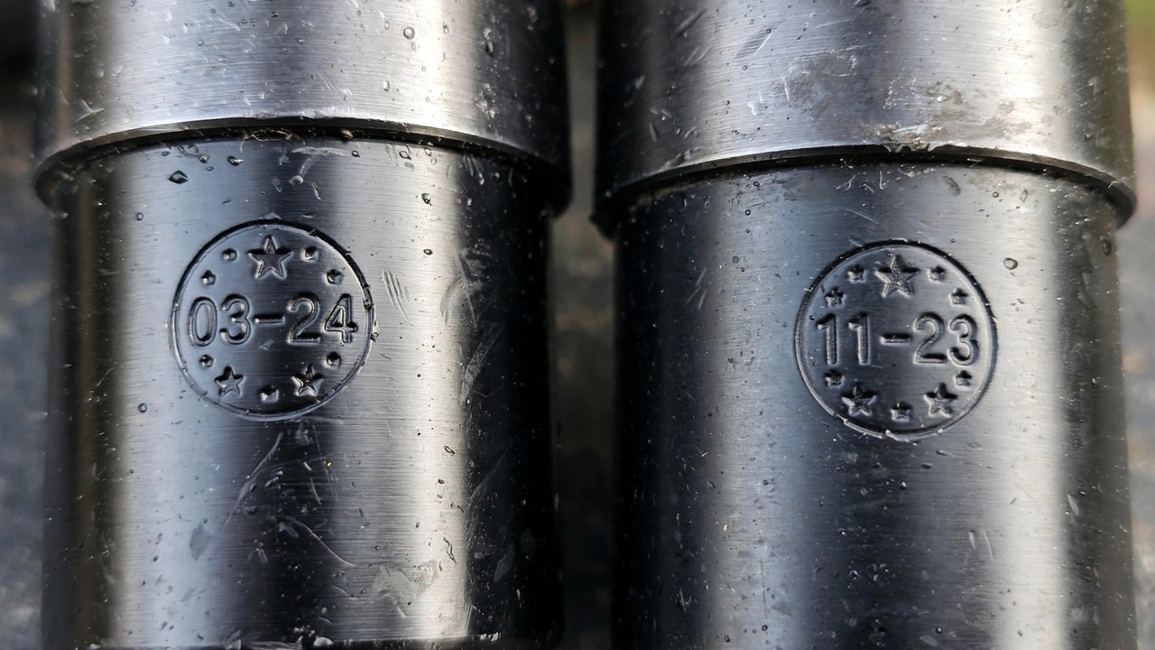 Close-up of hydro date stamps on two paintball tanks side by side