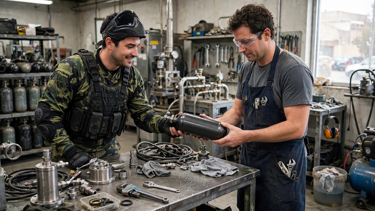 Player handing an air tank to a hydro-testing shop technician