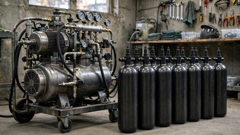 Paintball air fill station with HPA compressor and tanks lined up