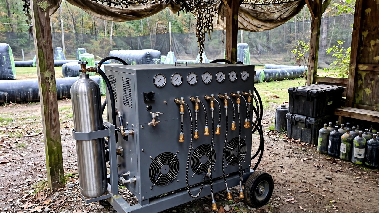 Large HPA compressor with fill whips at a paintball field air station