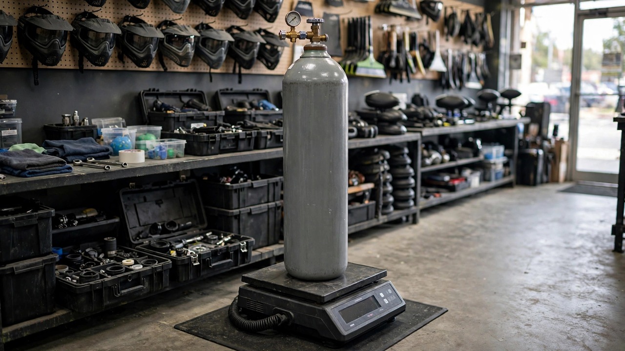 CO2 bulk cylinder on a scale for weighed fills at a pro shop