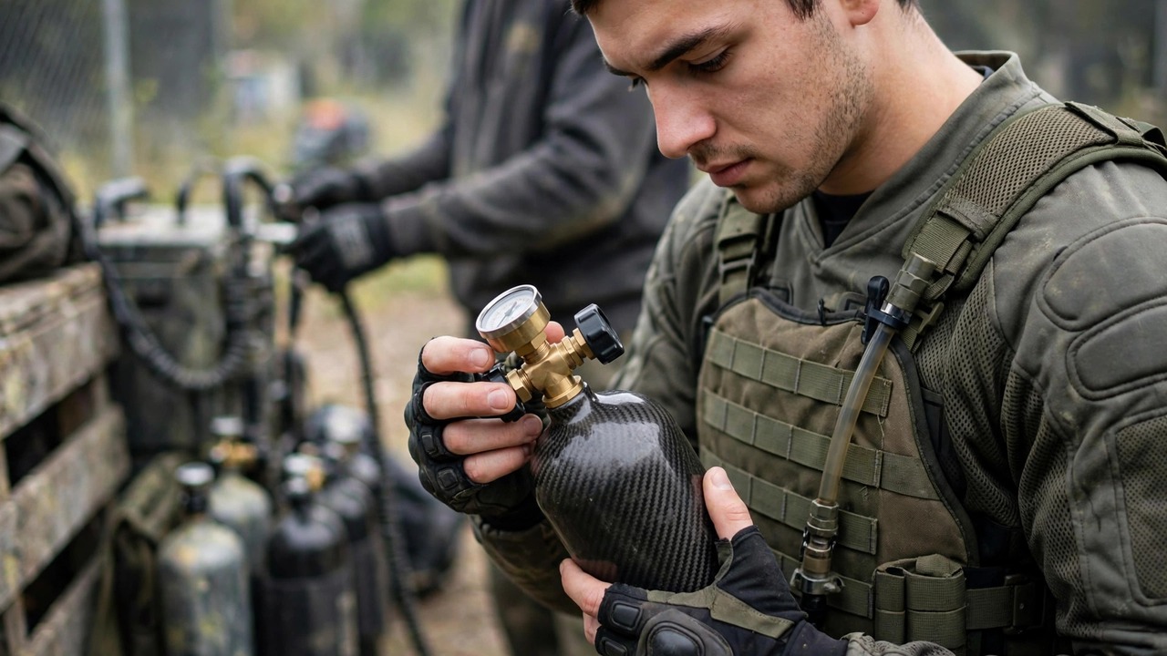Player inspecting their tank's regulator before handing it to fill staff