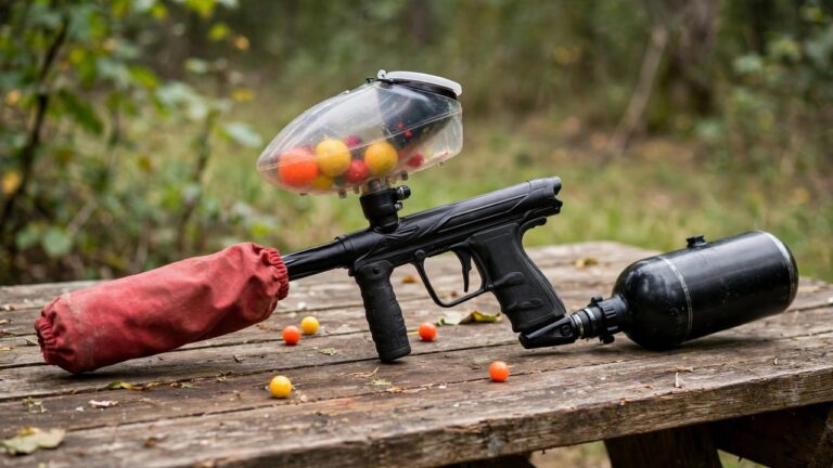 Paintball marker with barrel cover on resting on a wooden outdoor table
