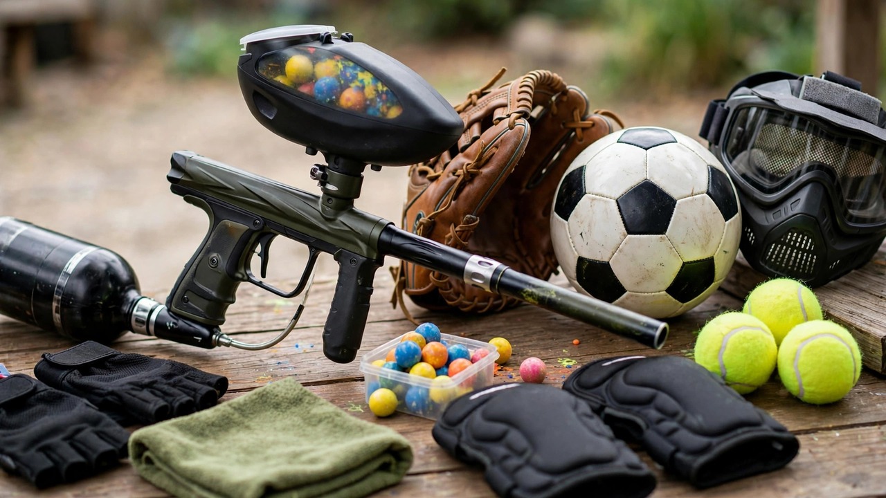 Paintball marker displayed as recreational sporting equipment beside other sports gear