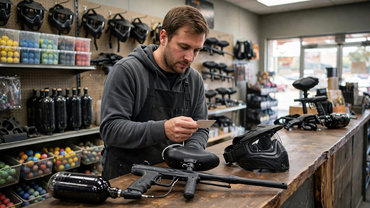 ID check at a paintball pro shop counter during a marker purchase