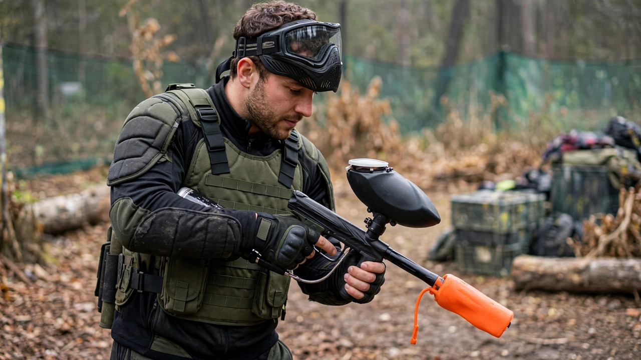 Player demonstrating safe handling with a barrel cover on the marker