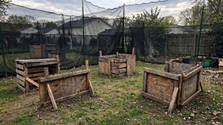 Suburban backyard with paintball netting fence and small homemade wooden bunkers