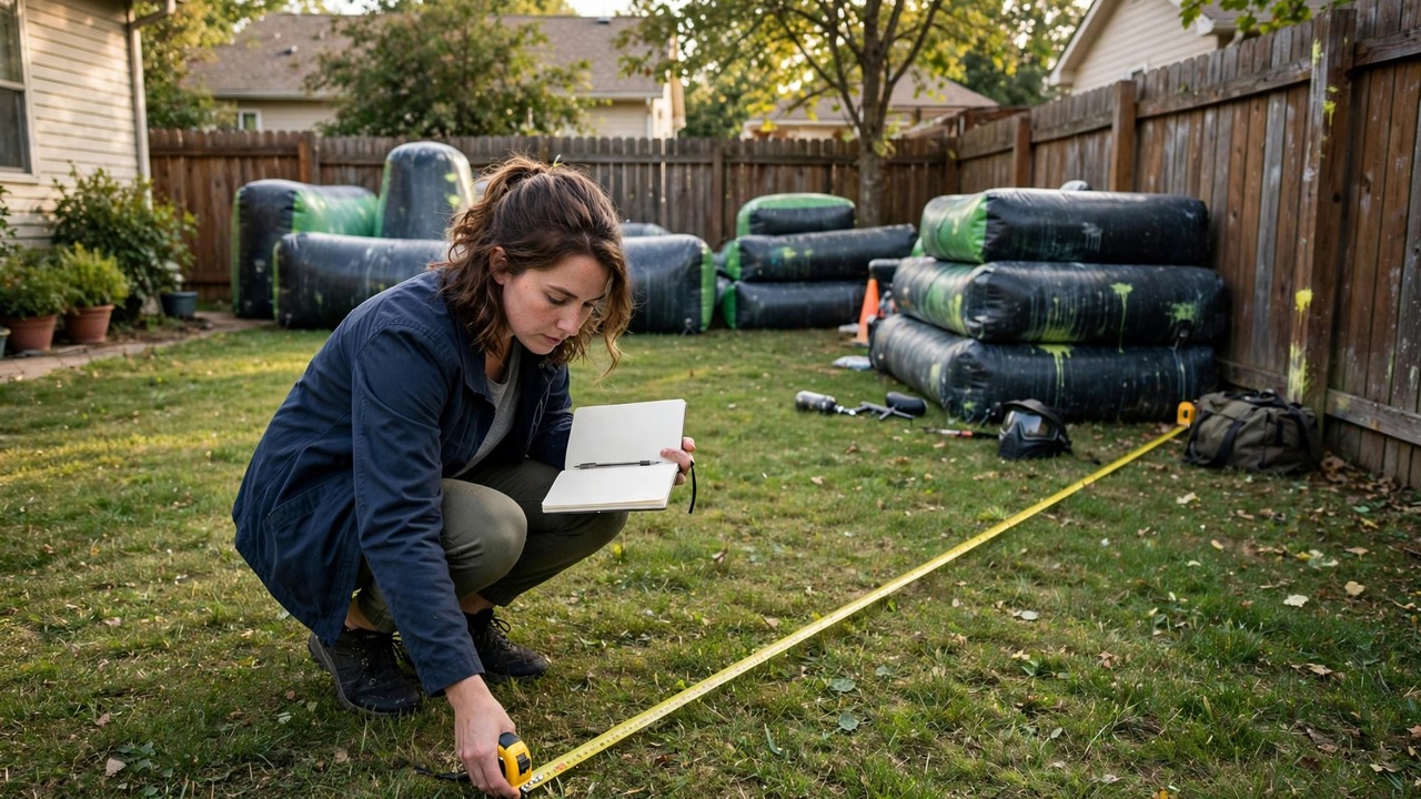 Person measuring a suburban backyard with a tape measure planning a paintball layout