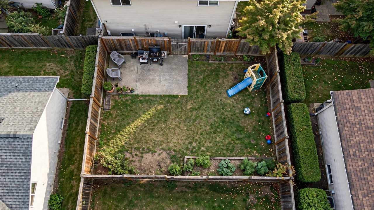 Aerial view of a typical suburban backyard showing limited playing space