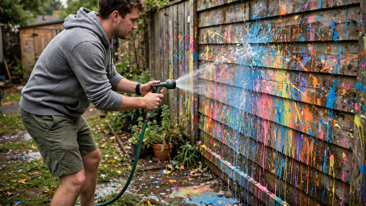 Person hosing paint splatter off a backyard fence during cleanup after a home paintball game