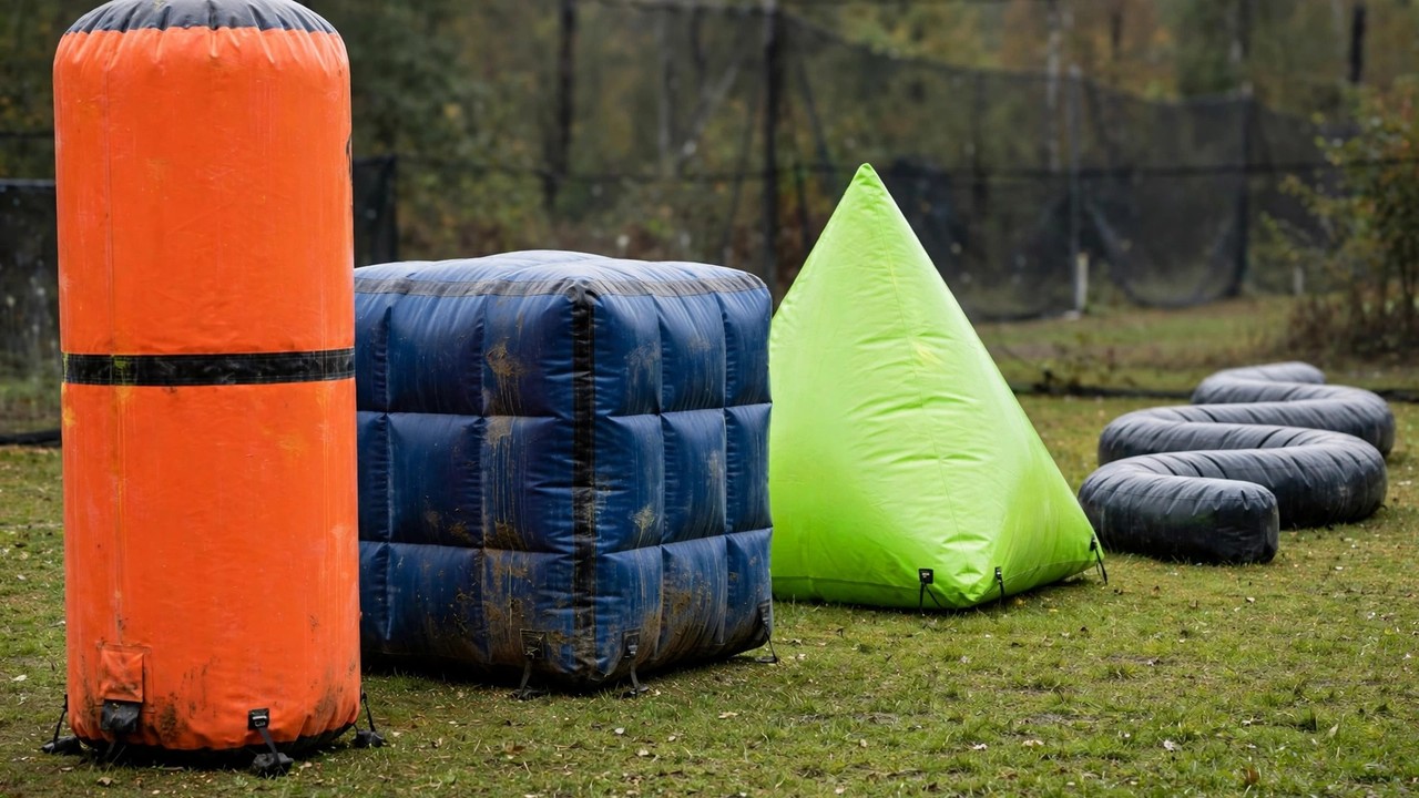 Row of inflatable paintball bunkers: tall can, temple cube, dorito and snake beam