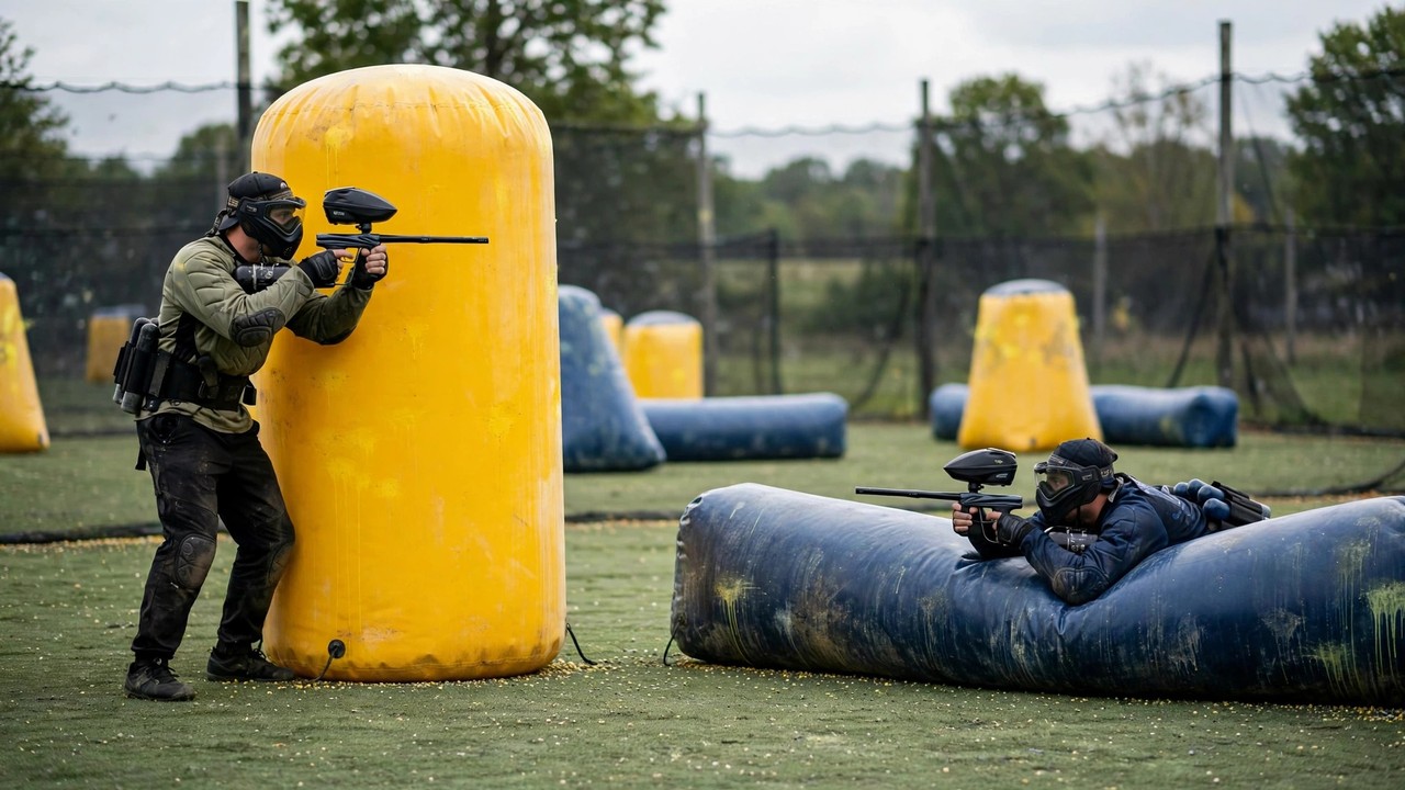 Paintball player standing behind a tall can bunker while another lies low in a snake bunker