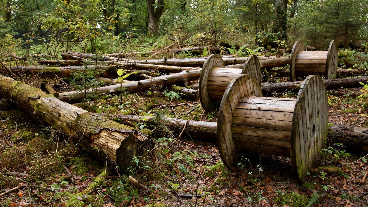 Fallen logs and wooden cable spools serving as natural cover on a woodsball field