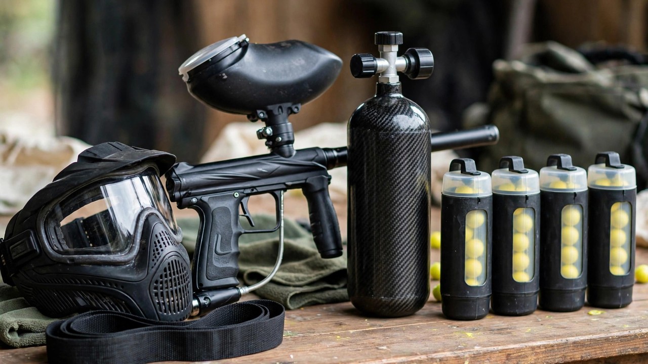 Paintball marker, mask, hopper, air tank and pods arranged as an equipment lineup