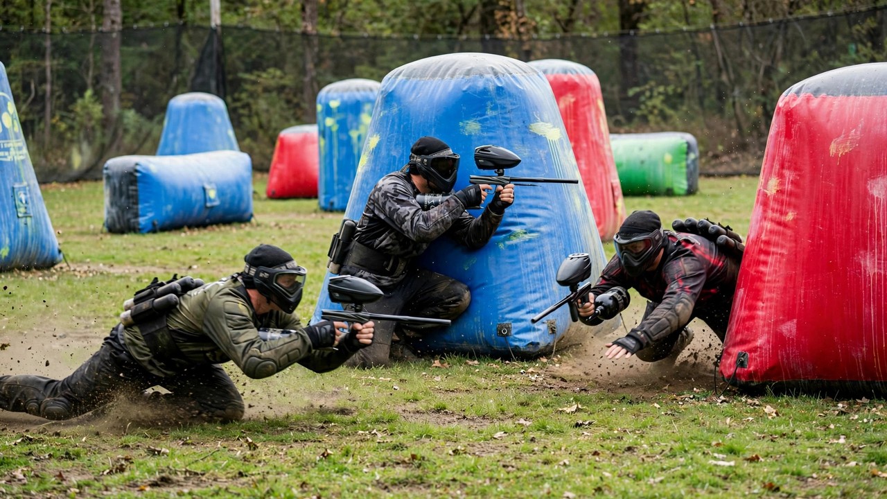 Paintball players mid-game demonstrating slides, dives and snap shots behind bunkers