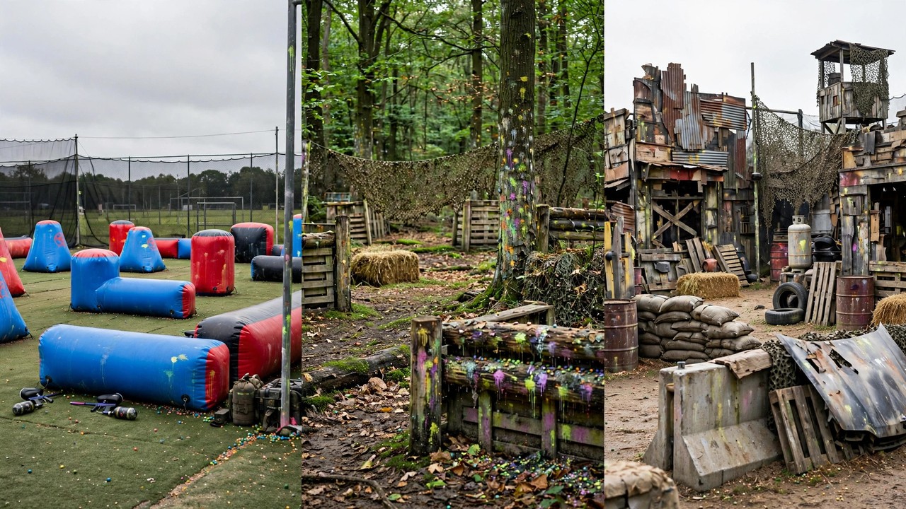Three paintball formats side by side: a speedball field, a woodsball forest field and a scenario game