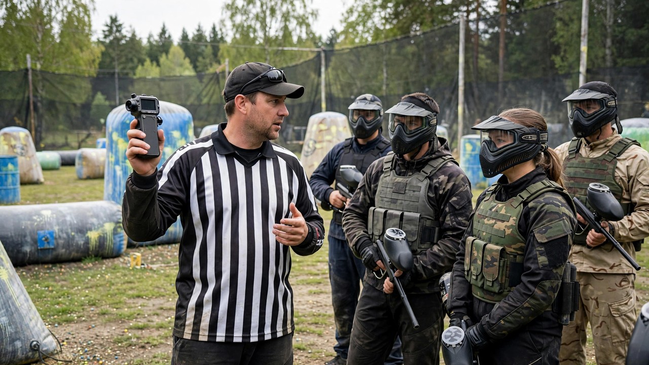 Paintball referee holding a chronograph while briefing masked players on rules and velocity limits