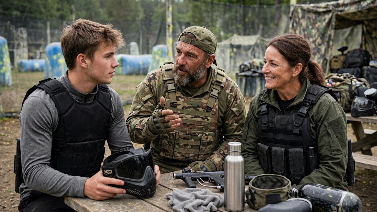 New paintball player chatting with experienced veteran players at a staging area table